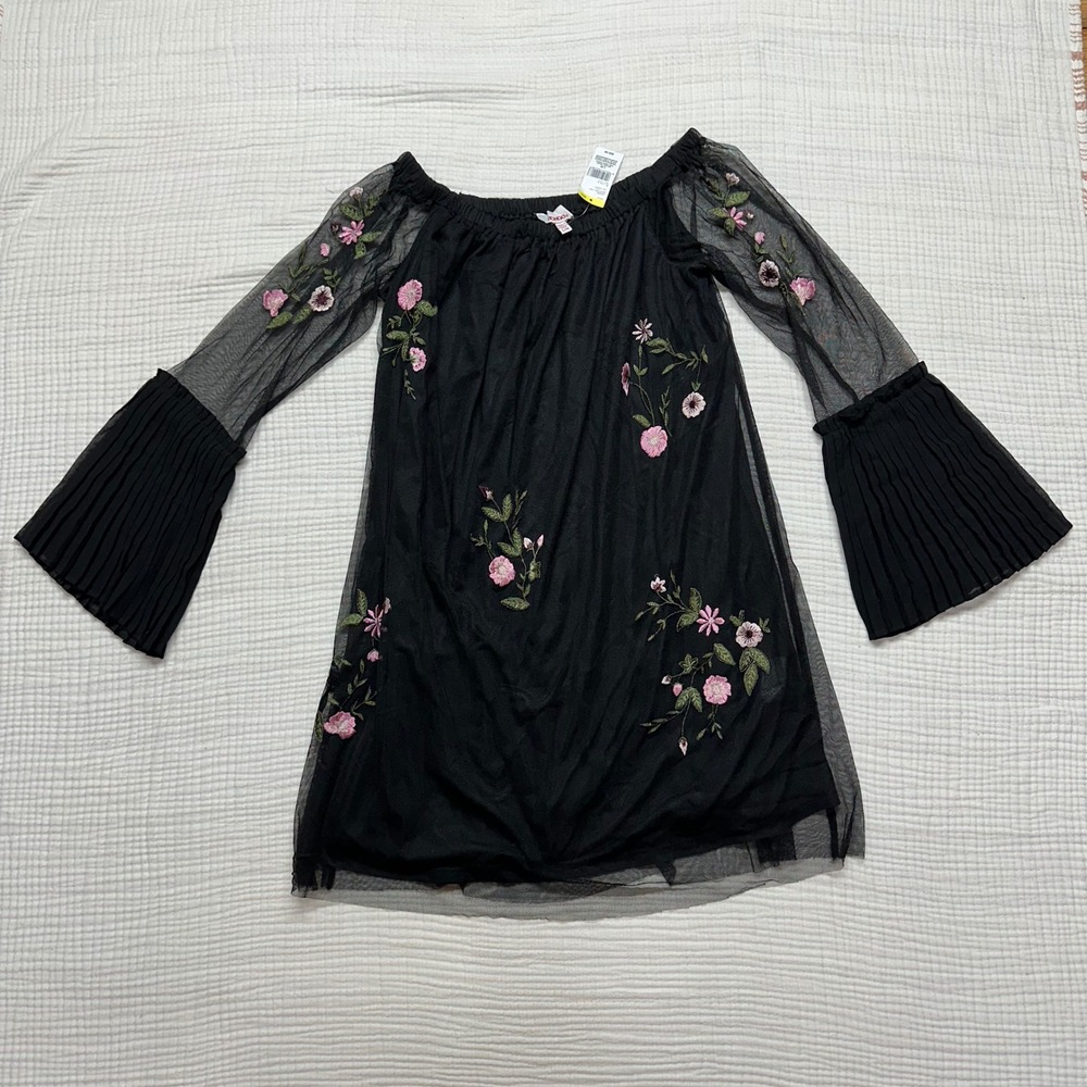 VTG Y2K Bongo black mesh embroidered overlay dress pleated bell sleeves BOHO NWT